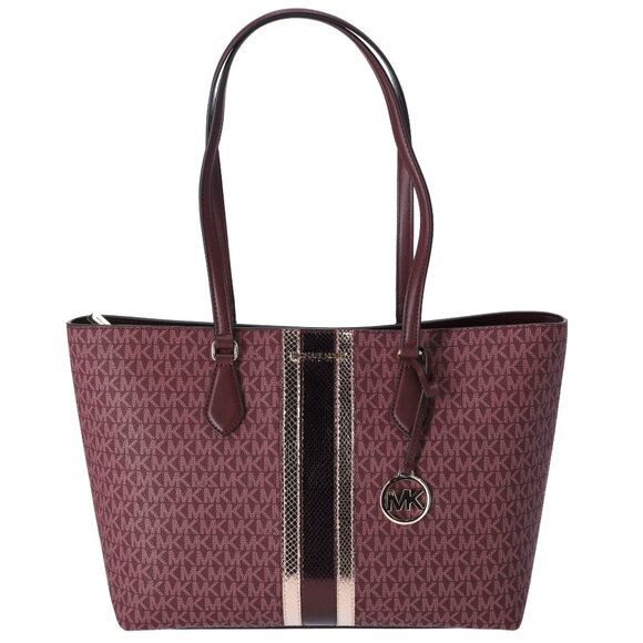 Michael Kors Sheila Large Signature Logo Tote Bag Oxblood Stripe MK Metallic - Picture 1 of 6